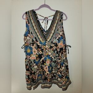 Angie Floral V-Neck Sleeveless Blouse - Black and Blue